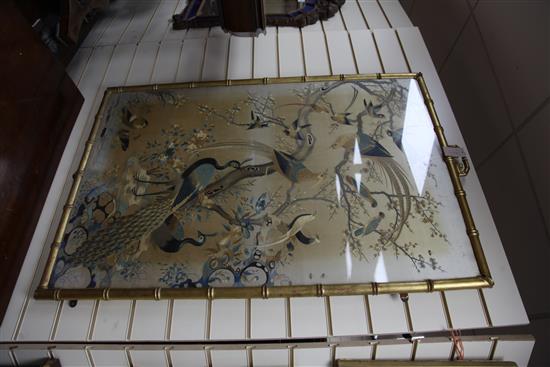 A good Chinese Canton embroidered silk bird panel, late 19th century, 113cm x 74cm, in a gilt faux bamboo frame, discoloured